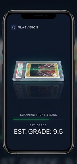 SlabVision screen scanning a card front and back — instant 9.5 pre-grade readout