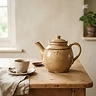 Théière vintage en grès émaillé beige