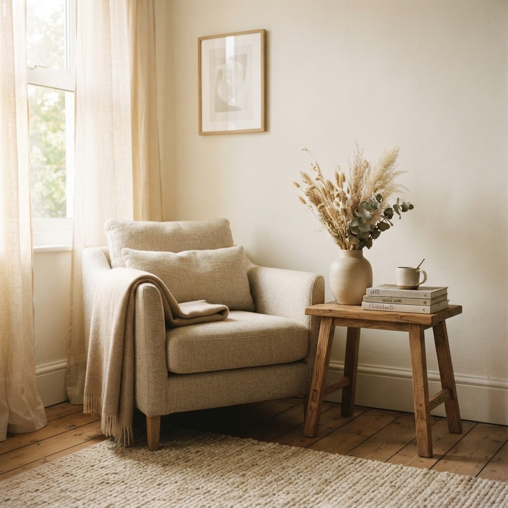 A warm, thoughtfully styled living room corner