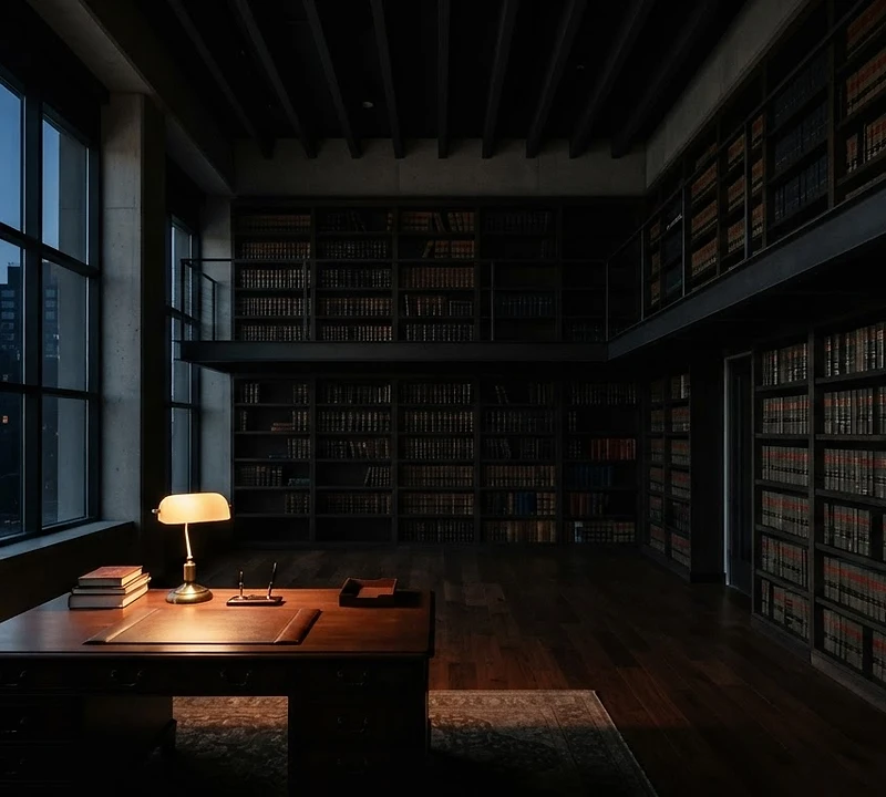 Interior do escritório de advocacia Almeida & Ferraz com estante de livros jurídicos e luz âmbar