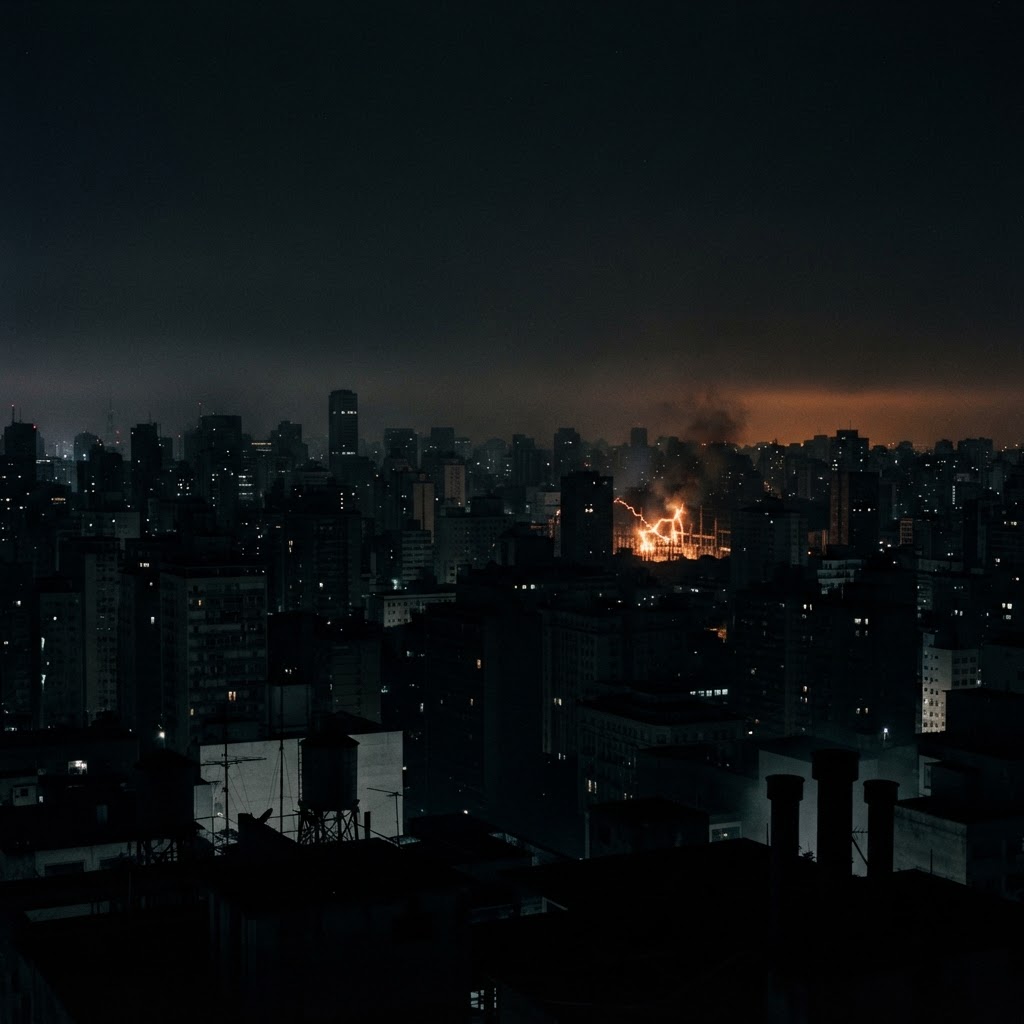 Urban skyline during a total power grid failure