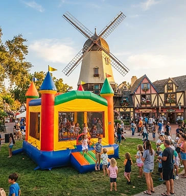 Bounce house set up near Danish-style architecture in Solvang, CA