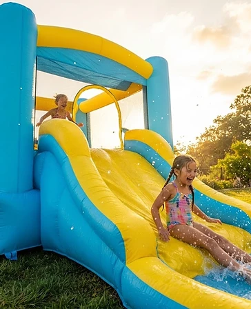 Bright bounce house and water slide set up in a sunny Santa Maria, CA backyard