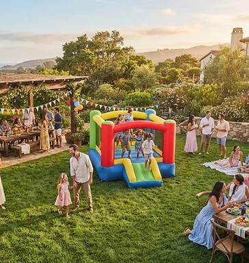 Bounce house at a sunny backyard party in Santa Maria, CA
