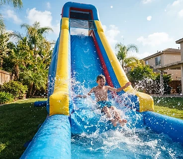 Tall blue and yellow water slide inflatable with splashing water in a California backyard