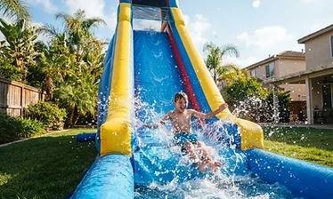Tall blue and yellow water slide inflatable with splashing water in a California backyard
