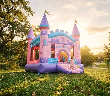 Fairytale castle themed inflatable bounce house in pastel colors in a sunny park
