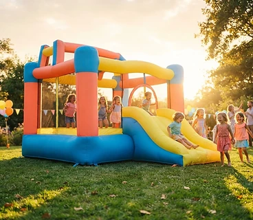 Colorful bounce house inflated on a sunny green lawn in Santa Maria, CA