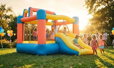 Colorful bounce house inflated on a sunny green lawn in Santa Maria, CA