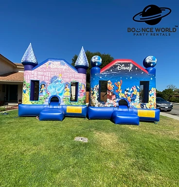 Princess Castle and Disney Friends bounce houses set up side by side, with Bounce World Party Rentals branding