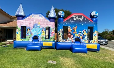 Princess Castle and Disney Friends bounce houses from the Bounce World Party Rentals inventory