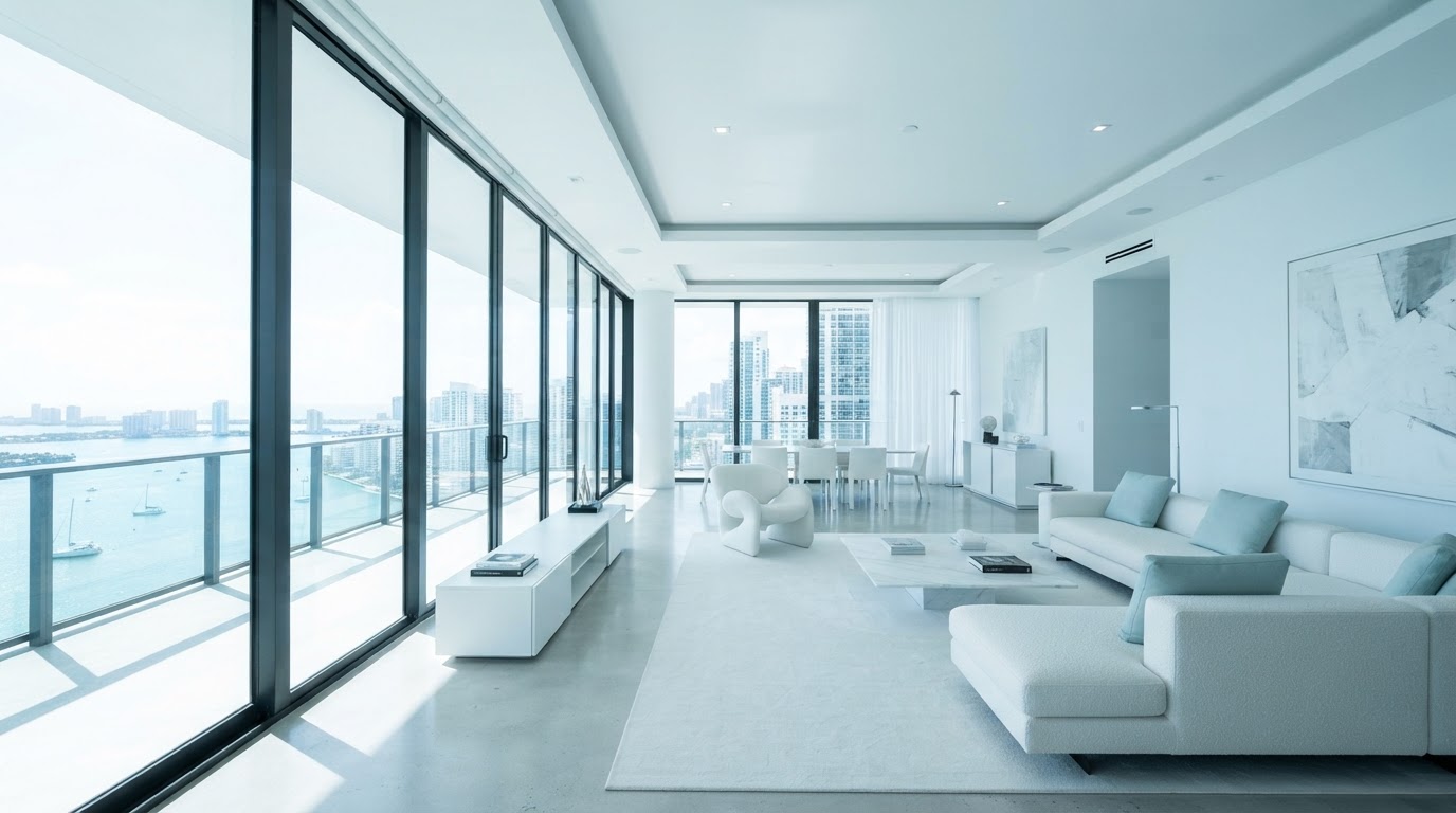 Cool, calm minimalist Miami penthouse interior with bright sun outside and glacially cool air conditioning inside