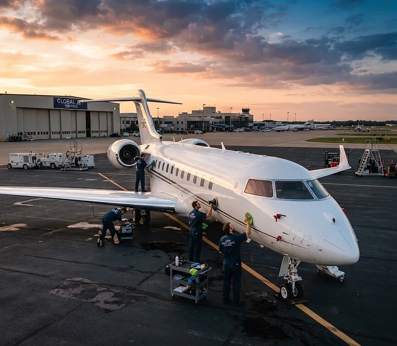 Business jet being professionally detailed on the ramp