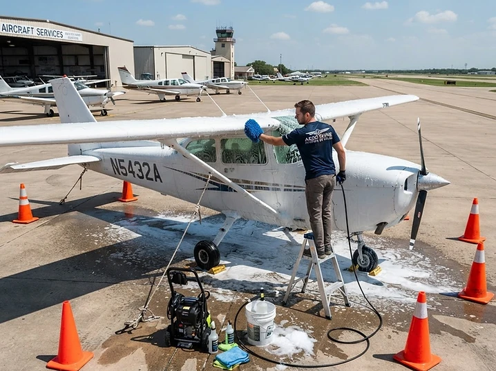 Single-engine aircraft washed on the ramp