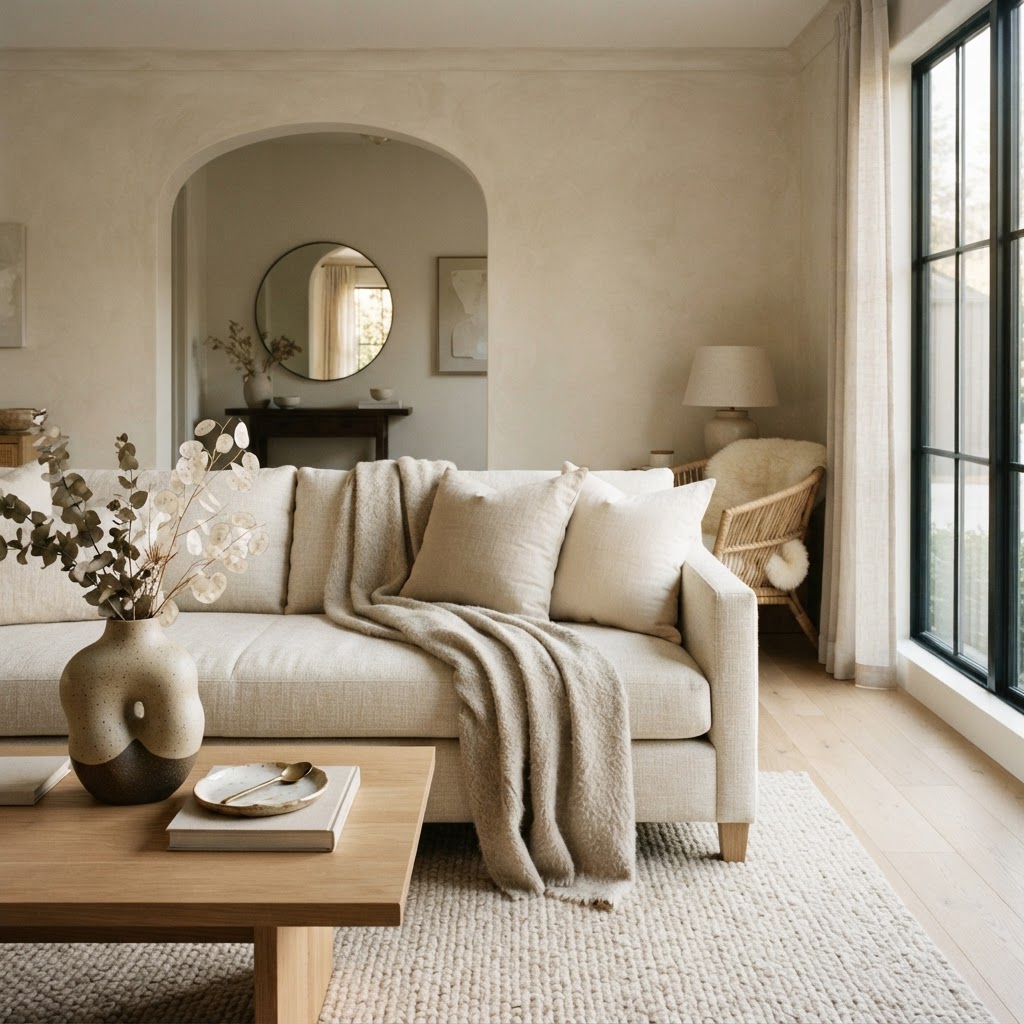 Natural linen draped over a wooden chair near a window in soft morning light