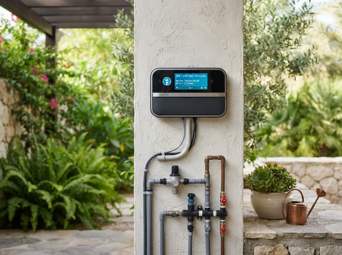 Smart irrigation controller in a Muscat villa garden used to reduce garden water bills in Oman