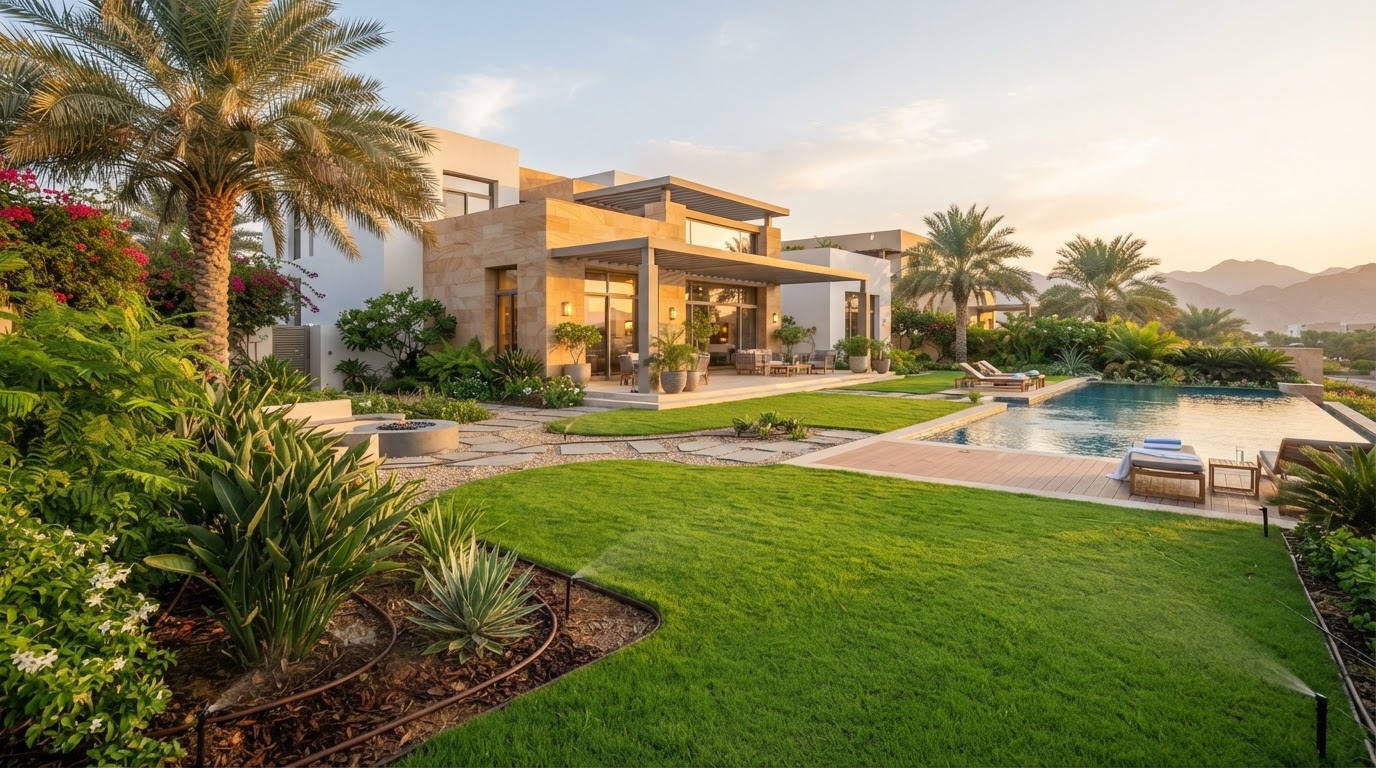 How to reduce garden water bills in Oman — lush Muscat villa garden with a water-efficient irrigation system
