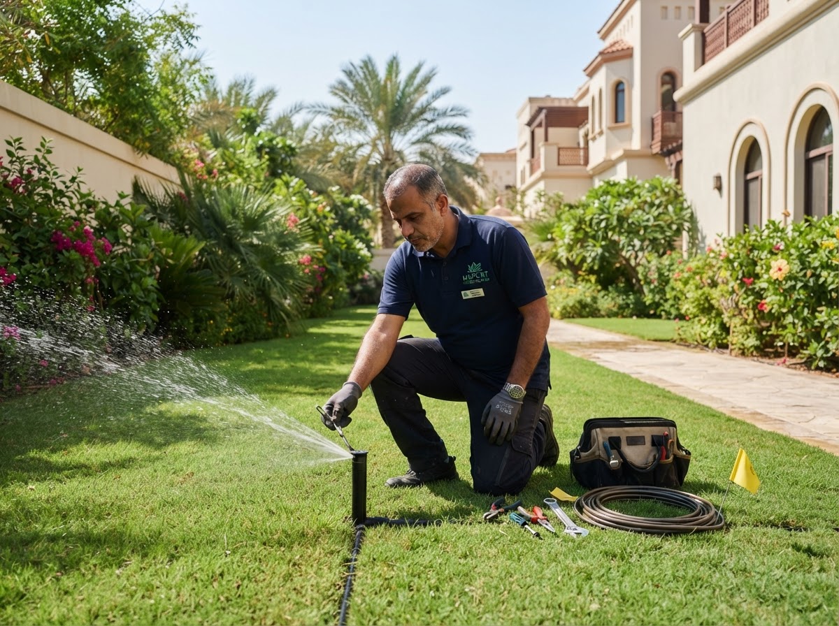 Gardener inspecting irrigation lines and sprinkler coverage in a Muscat lawn to find hidden water waste