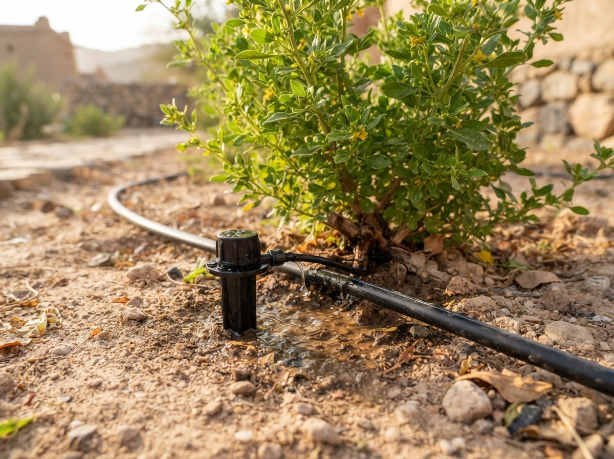 Drip irrigation delivering water to a shrub root zone, one way to reduce garden water bills in Oman