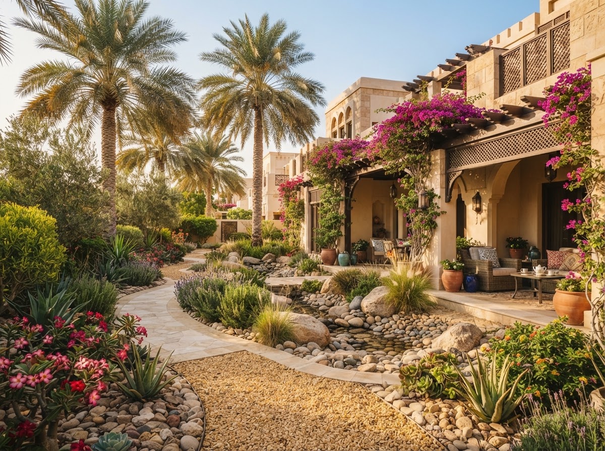 Drought-tolerant bougainvillea, desert rose and date palms in an Oman villa garden that needs less irrigation
