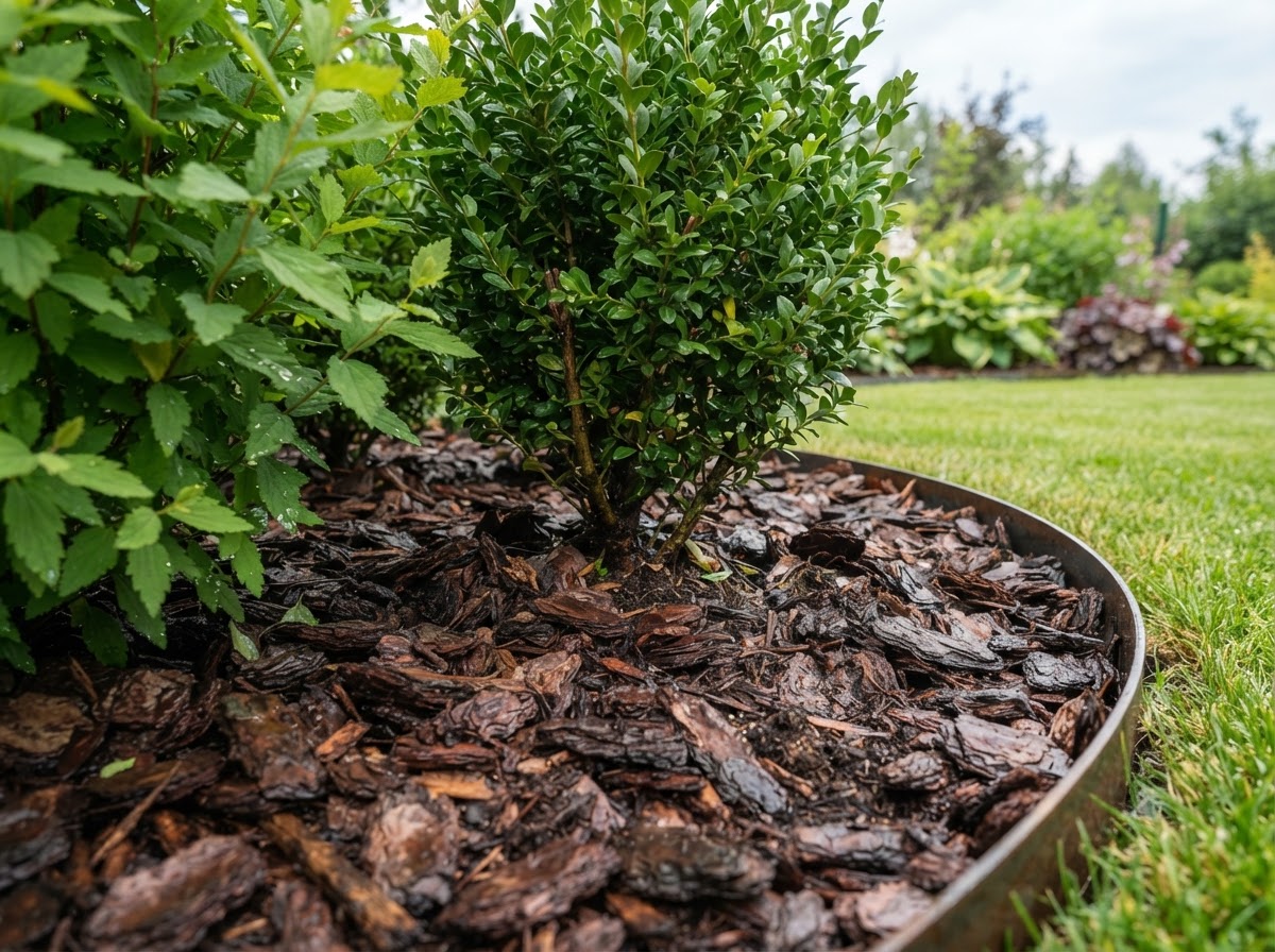 Organic mulch layered around shrubs to slow evaporation and lower garden water use in Oman