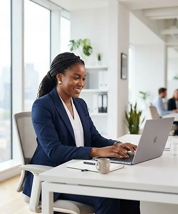 Black African professional working on a laptop in a bright office