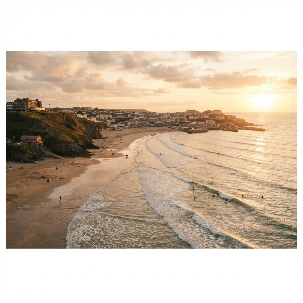 Golden sunset over the sandy beach and surf at Newquay, Cornwall