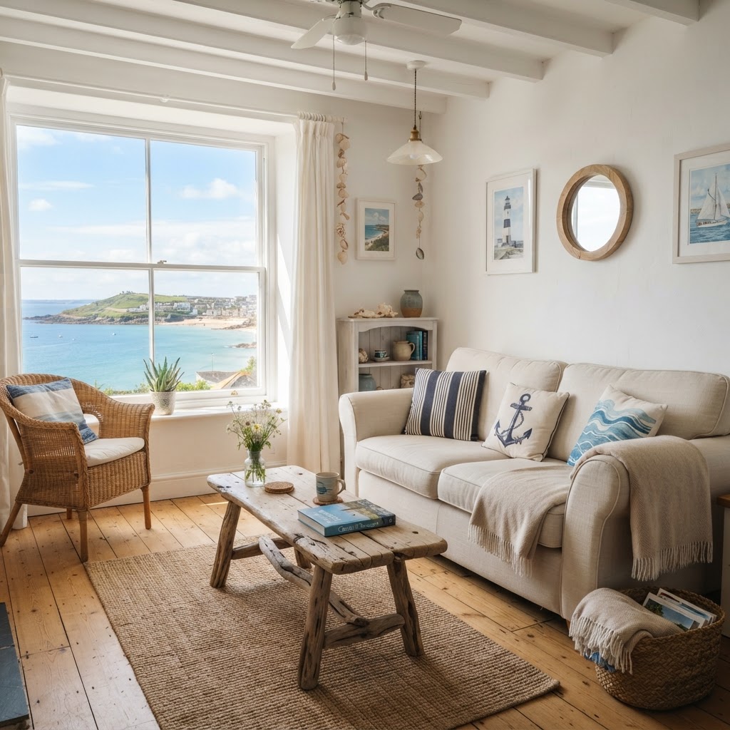 Bright coastal-style living room in a self-catering holiday apartment