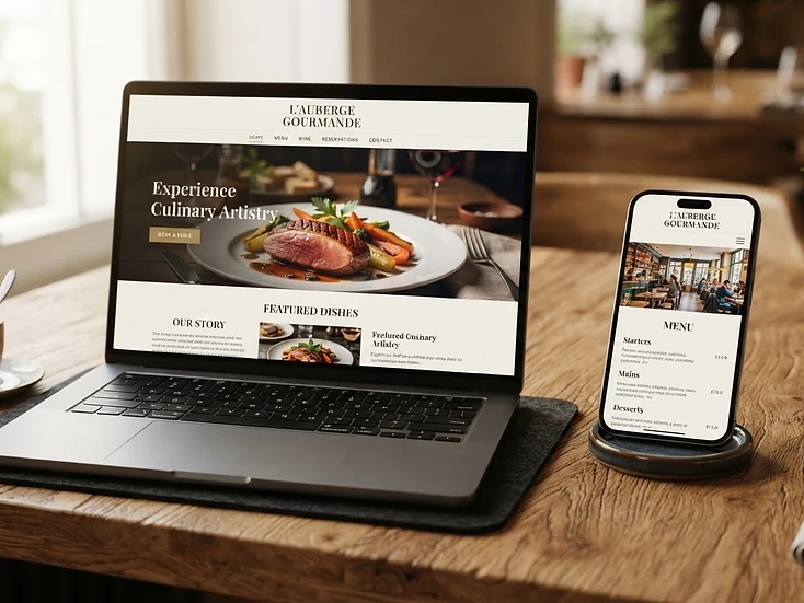 Web profesional de un restaurante en portátil y móvil
