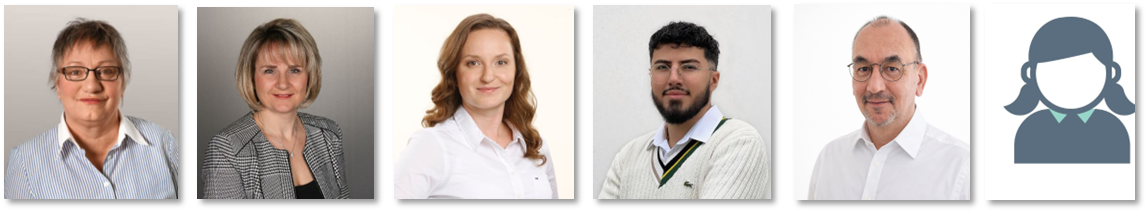 QFP-Innendienst-Team: Gabriele Behrendt, Olga Denk, Susanne Reiband, Emirhan Altin, Jürgen Schmon und Andrea (von links nach rechts)