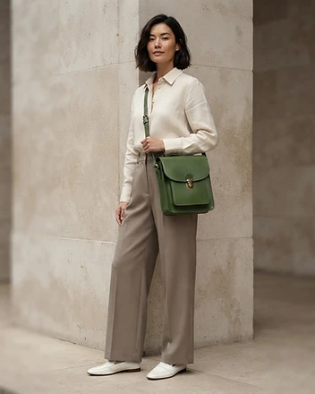 The Grove Meadow Green leather crossbody bag worn on model
