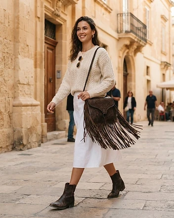 The Canyon Espresso Brown leather crossbody bag worn on model