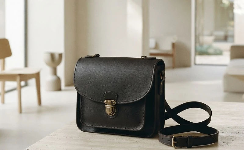 The Mercer Espresso Black leather crossbody — editorial