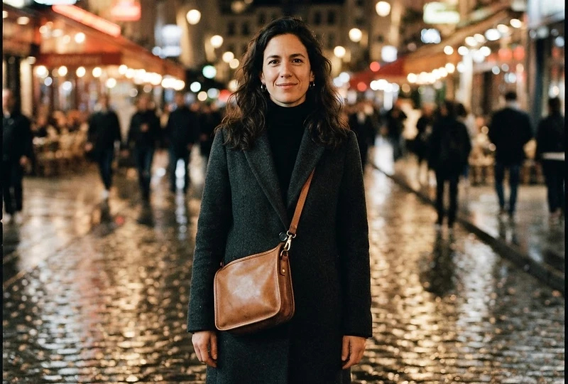 A woman in a black leather coat holding a cognac crossbody bag in low-key light