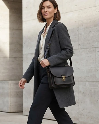 The Mercer Espresso Black leather crossbody bag worn on model