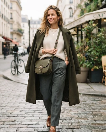 The Vienne Textured Olive Green leather crossbody bag worn on model