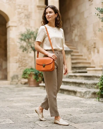 The Clementine Tangerine leather crossbody bag worn on model