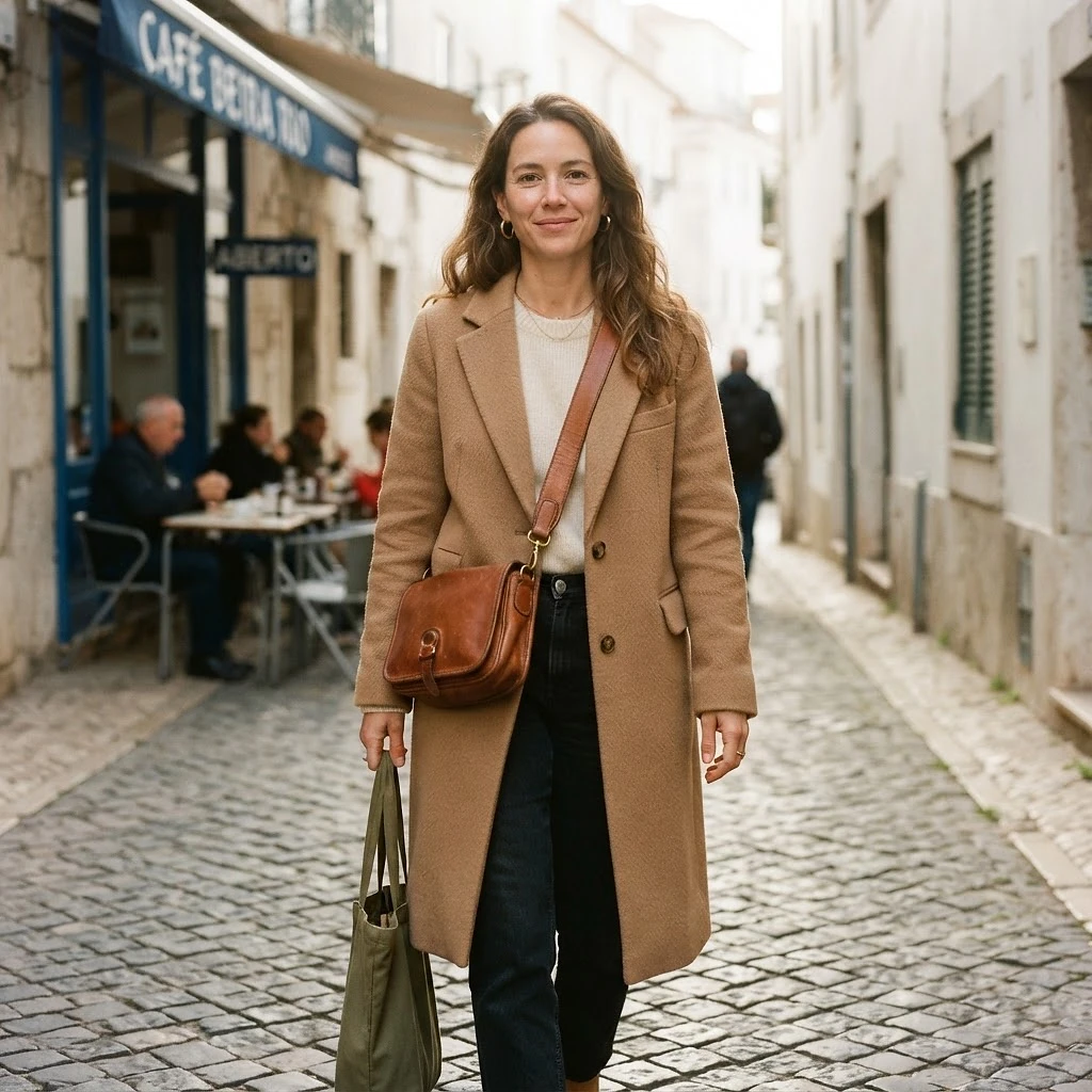 A woman in a camel coat carrying a cognac leather crossbody bag through a sunlit travertine gallery