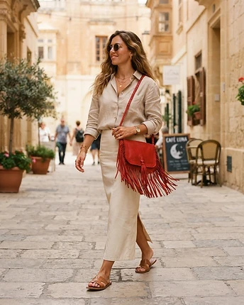 The Rio Vibrant Red leather crossbody bag worn on model