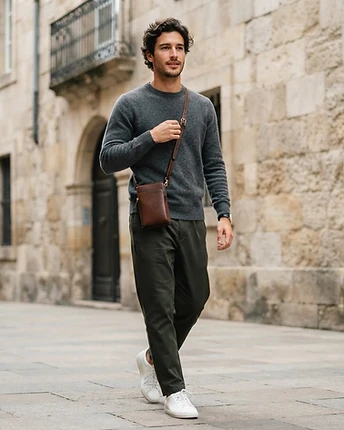 The Pace Chocolate leather crossbody bag worn on model