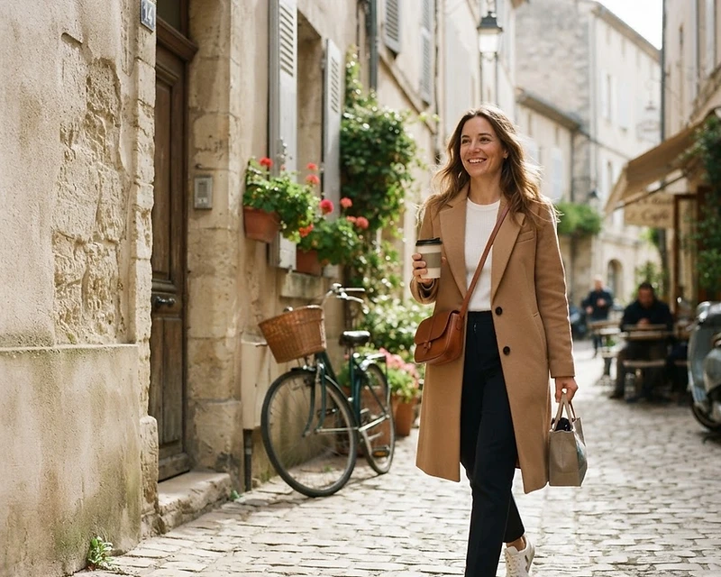 A woman in a camel coat carrying a cognac leather crossbody bag through a sunlit travertine gallery