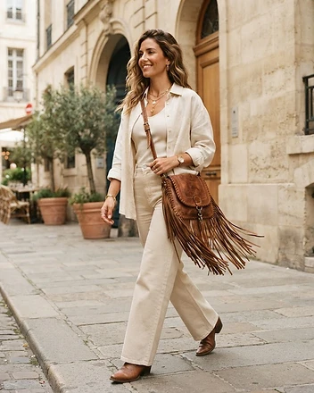 The Mesa Warm Brown leather crossbody bag worn on model