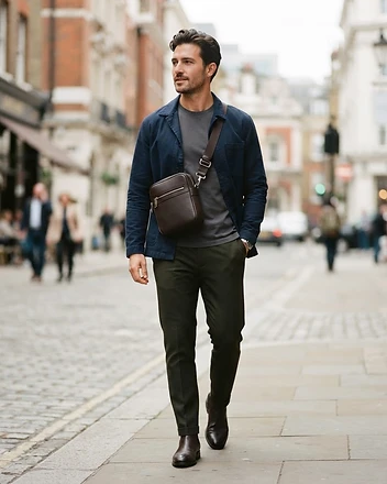 The Atlas Espresso Brown leather crossbody bag worn on model