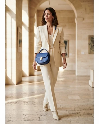 The Aria Royal Blue leather crossbody bag worn on model