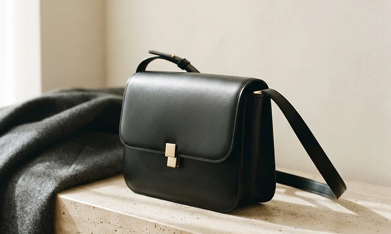 A structured black leather crossbody bag resting on a warm limestone ledge beside a folded charcoal coat