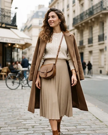 The Florence Warm Khaki Brown leather crossbody bag worn on model