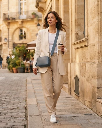 The Slate Slate Blue leather crossbody bag worn on model