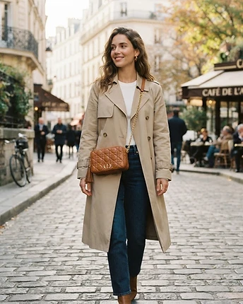 The Camille Golden Caramel leather crossbody bag worn on model