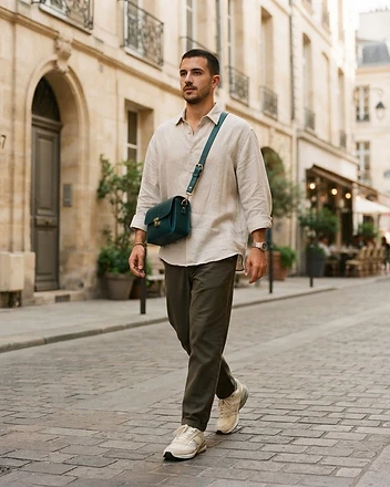 The Teal Deep Teal leather crossbody bag worn on model