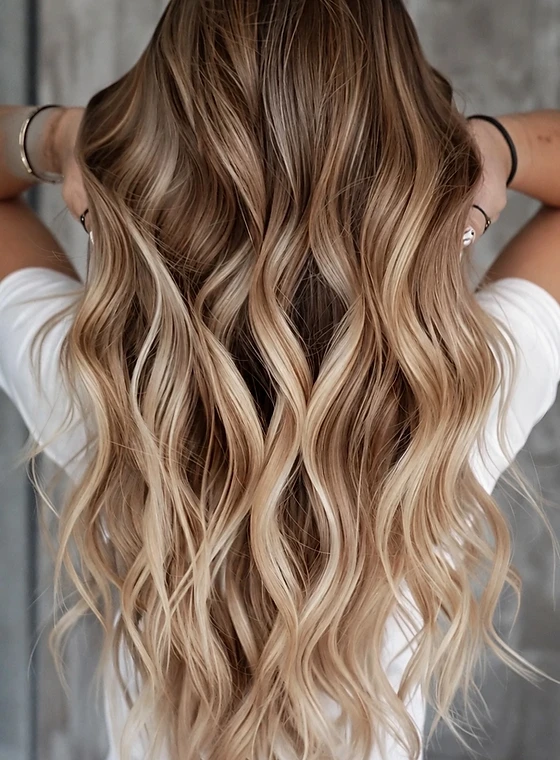Cheveux longs ondulés avec un balayage blond — EB Coiffure à Dardilly